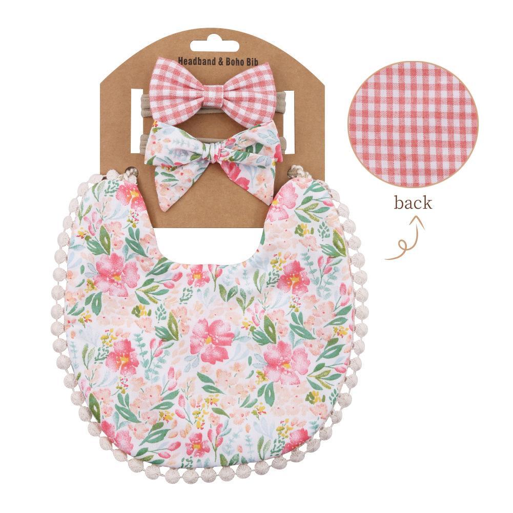 Plaid Printed Baby Triangle Towel Bib Headband Set