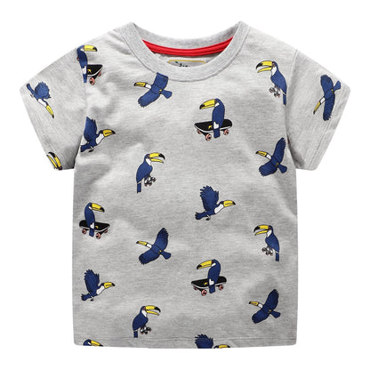 Children's short sleeved excavator embroidered round neck
