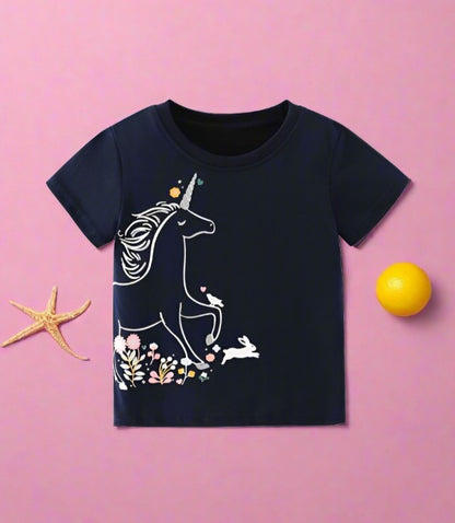 Girls' short sleeved T-shirt round neck printed Unicorn