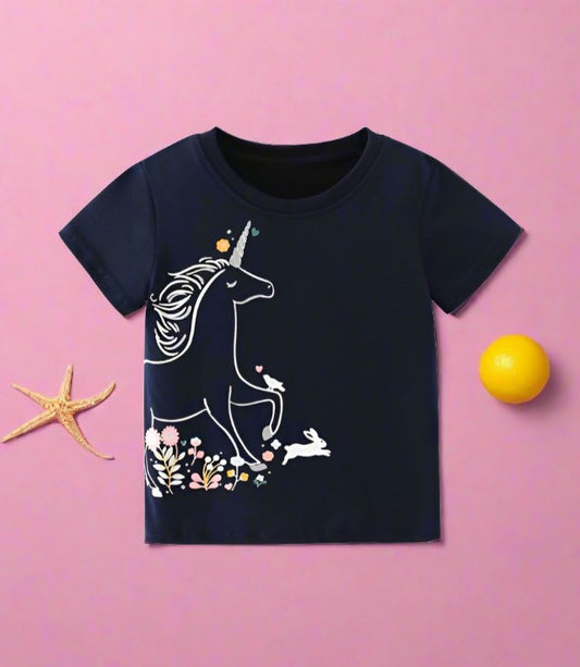 Girls' short sleeved T-shirt round neck printed Unicorn