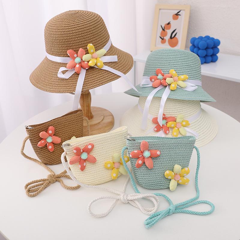 Trendy Flower Streamer Children's Straw Hat Bag Set