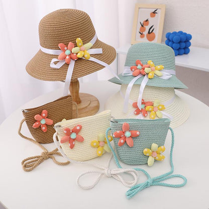 Trendy Flower Streamer Children's Straw Hat Bag Set