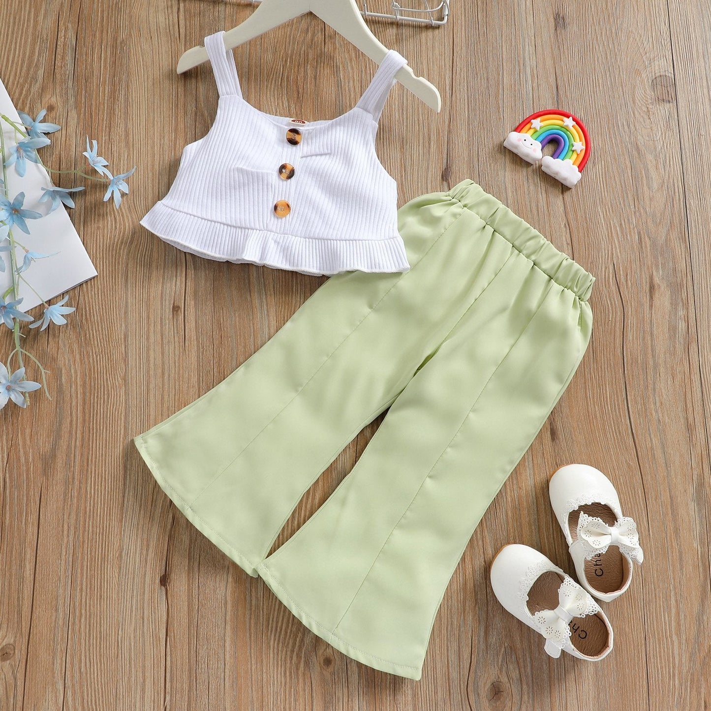 Suspender blouse pit strip coat green horn trousers two-piece set