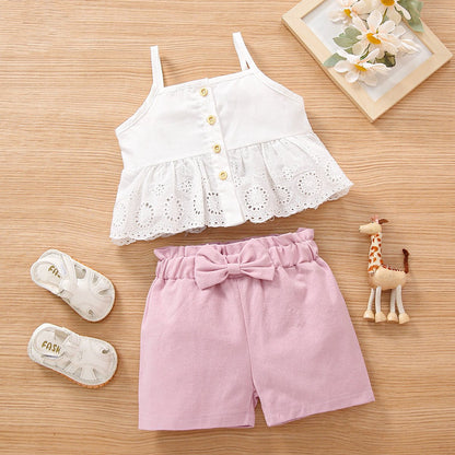 Suspender lace solid color bow two piece set European and American girls' set cross border children's wear middle and small children