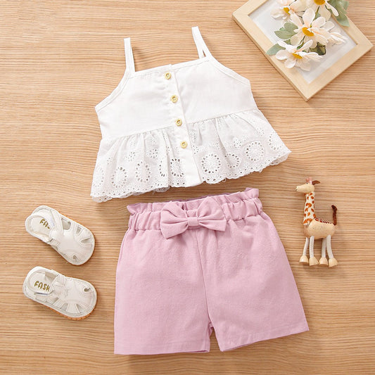 Suspender lace solid color bow two piece set European and American girls' set cross border children's wear middle and small children