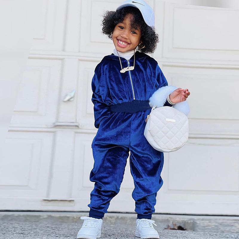 Girl's Gold Velvet Long Sleeve Jacket Jacket Two-Piece Set