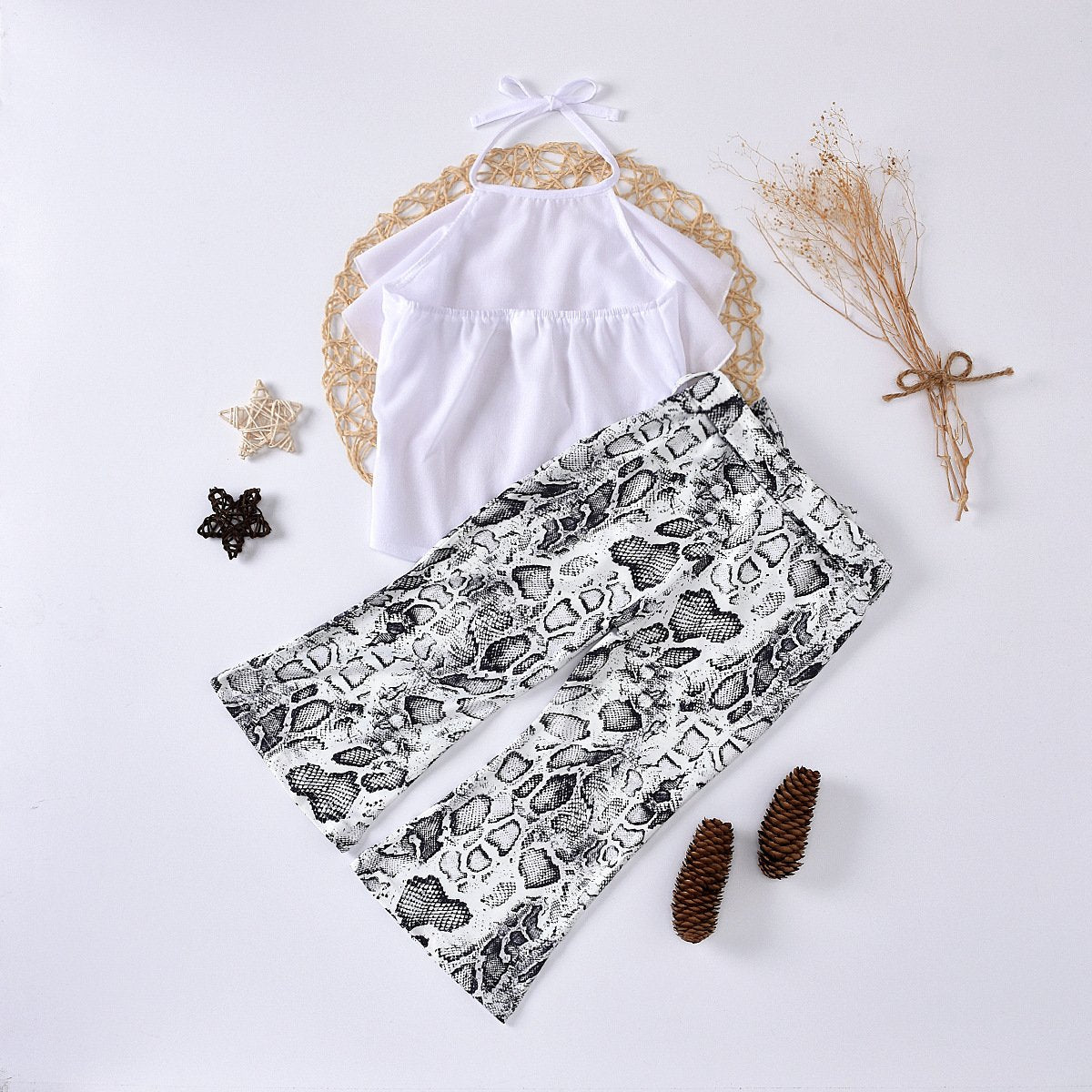 Sleeveless Neck Chiffon shirt printed trousers two piece set