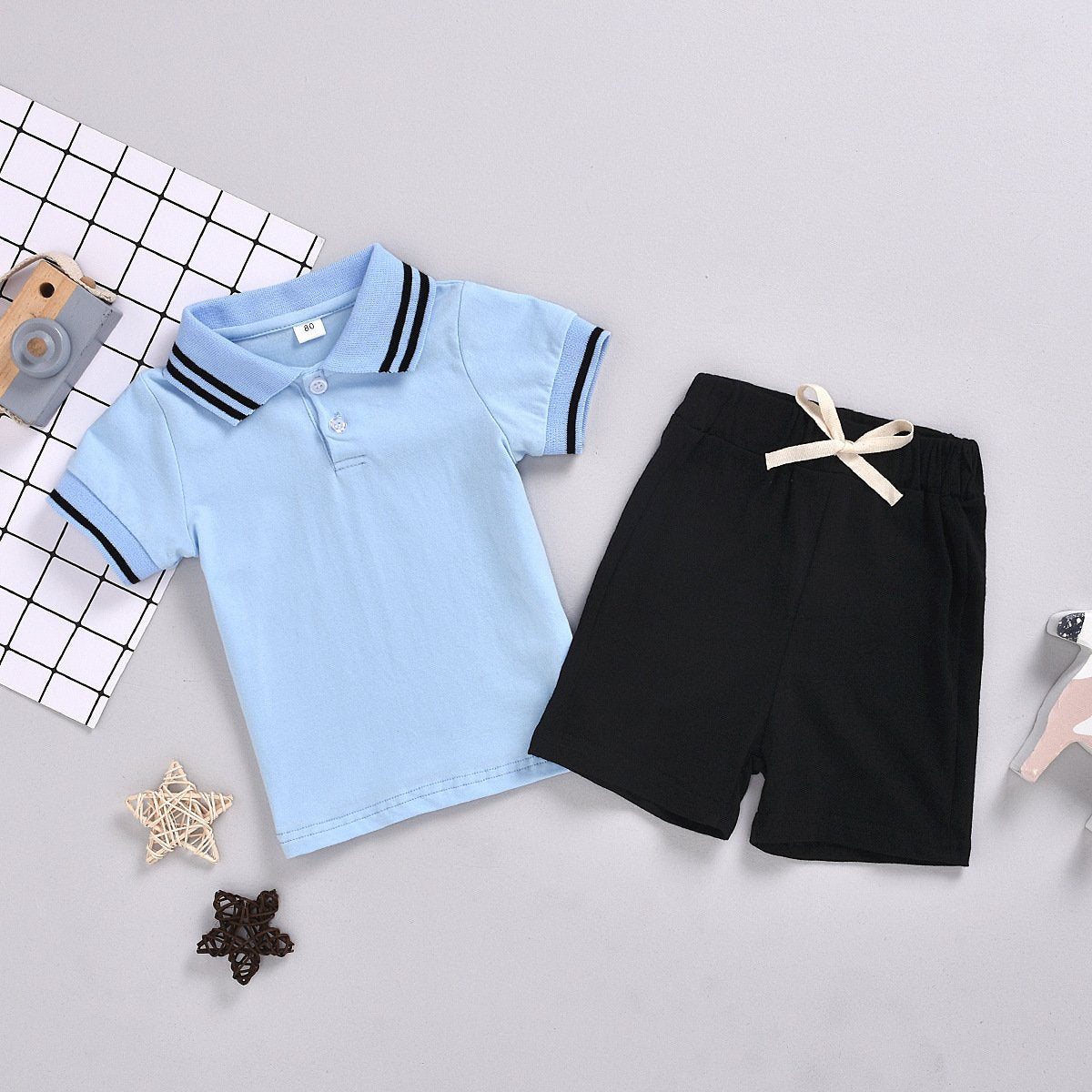 Striped stand collar shirt Short Sleeve Top Shorts two piece set