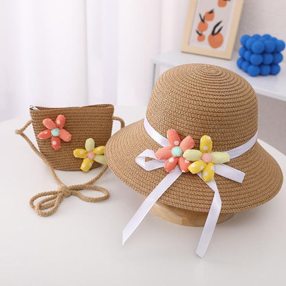 Trendy Flower Streamer Children's Straw Hat Bag Set