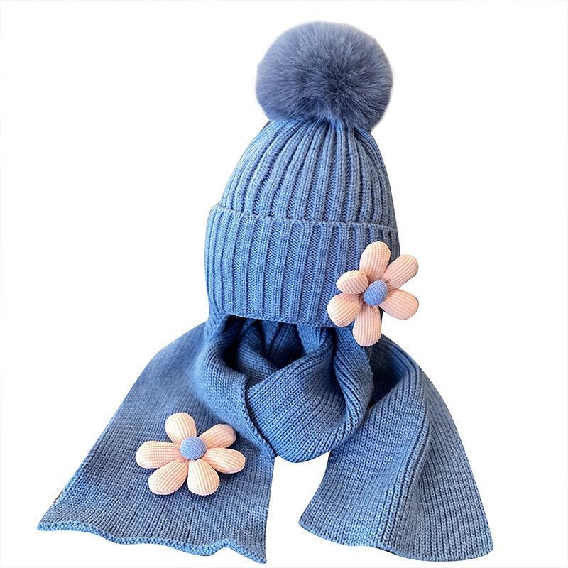 Children's Warm Thickened Knitted Flower Hat Scarf Suit