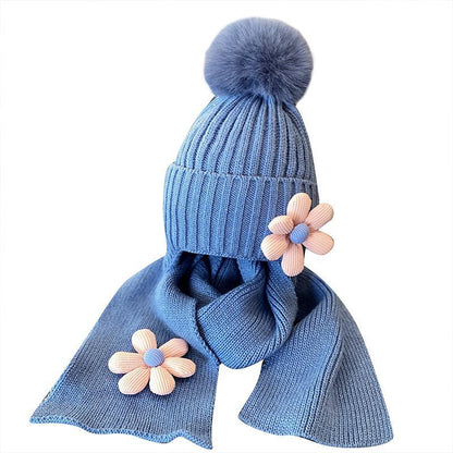 Children's Warm Thickened Knitted Flower Hat Scarf Suit