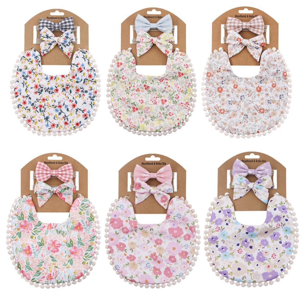 Plaid Printed Baby Triangle Towel Bib Headband Set