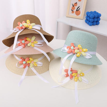 Trendy Flower Streamer Children's Straw Hat Bag Set