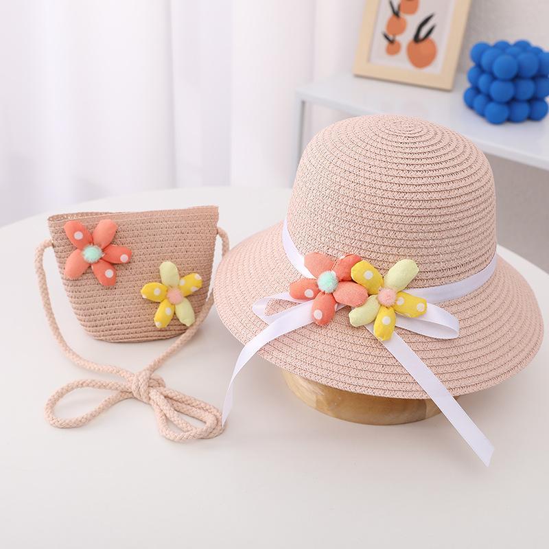 Trendy Flower Streamer Children's Straw Hat Bag Set