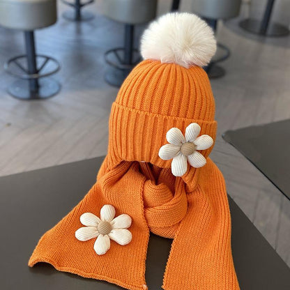 Children's Warm Thickened Knitted Flower Hat Scarf Suit