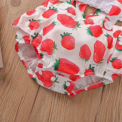 Watermelon strawberry printed baby backless lace up climbing suit two piece set