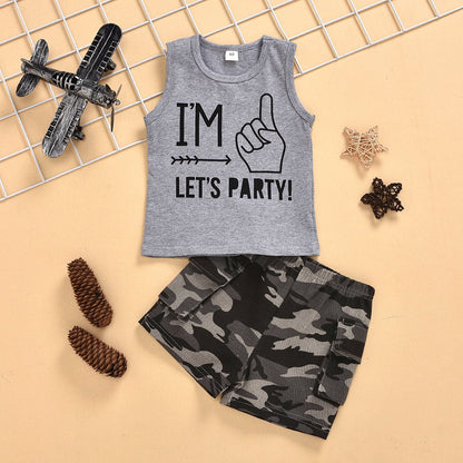 Sleeveless vest top letter print camouflage shorts two piece set