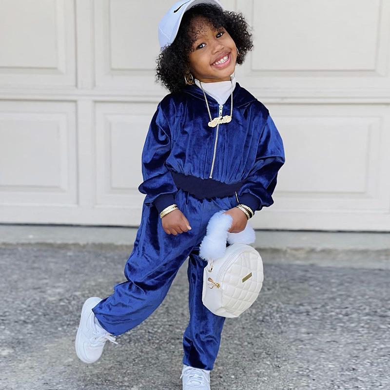 Girl's Gold Velvet Long Sleeve Jacket Jacket Two-Piece Set