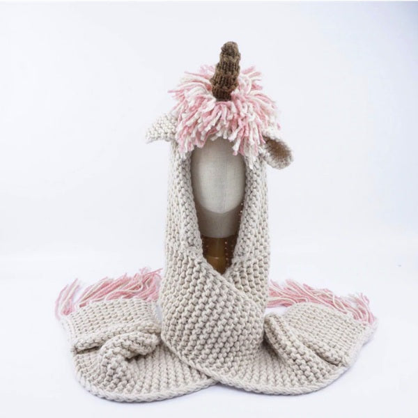 Girls Knitted Unicorn Winter Hat Hooded Scarf