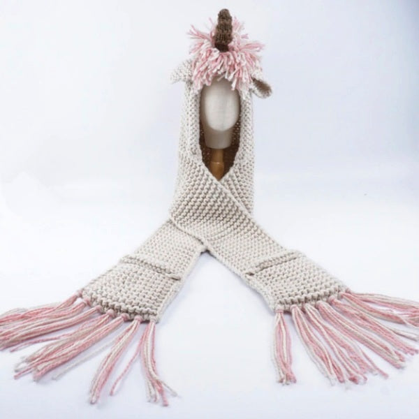 Girls Knitted Unicorn Winter Hat Hooded Scarf