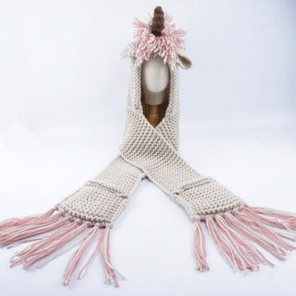Girls Knitted Unicorn Winter Hat Hooded Scarf