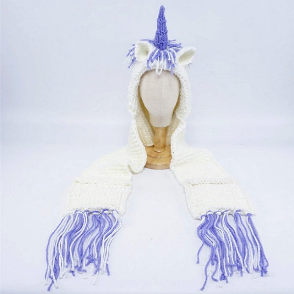 Girls Knitted Unicorn Winter Hat Hooded Scarf