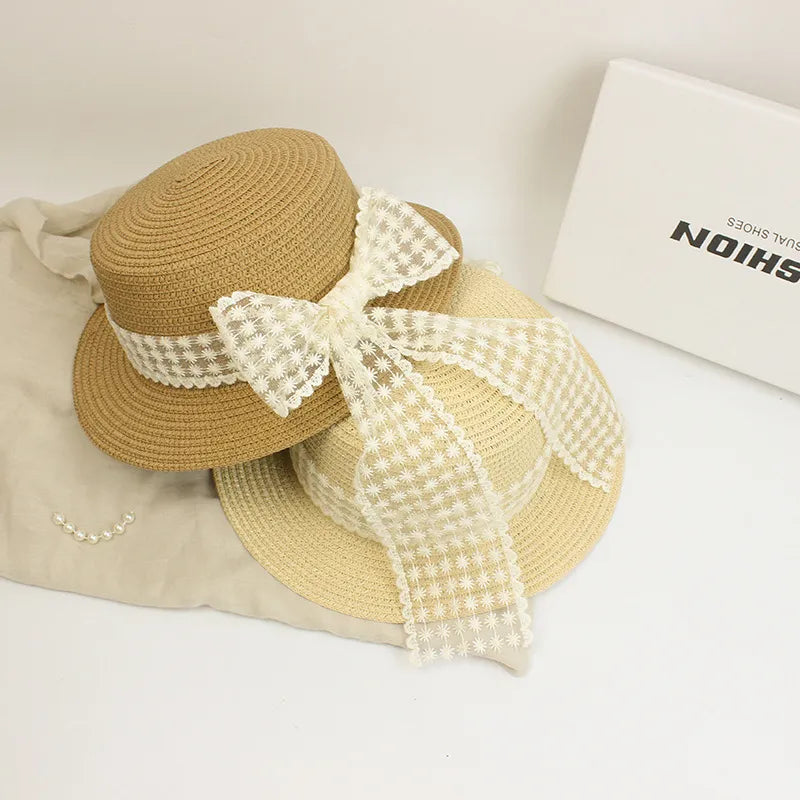 Elegant Lace Bowknot Wide Brim Straw Hat
