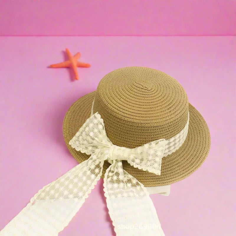 Elegant Lace Bowknot Wide Brim Straw Hat