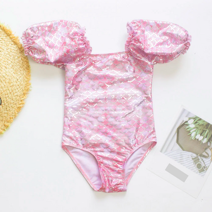 Gradient Puff Sleeve Girls' Swimsuit - Mermaid Bathing Suit