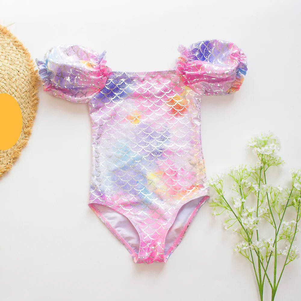 Gradient Puff Sleeve Girls' Swimsuit - Mermaid Bathing Suit