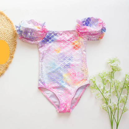 Gradient Puff Sleeve Girls' Swimsuit - Mermaid Bathing Suit