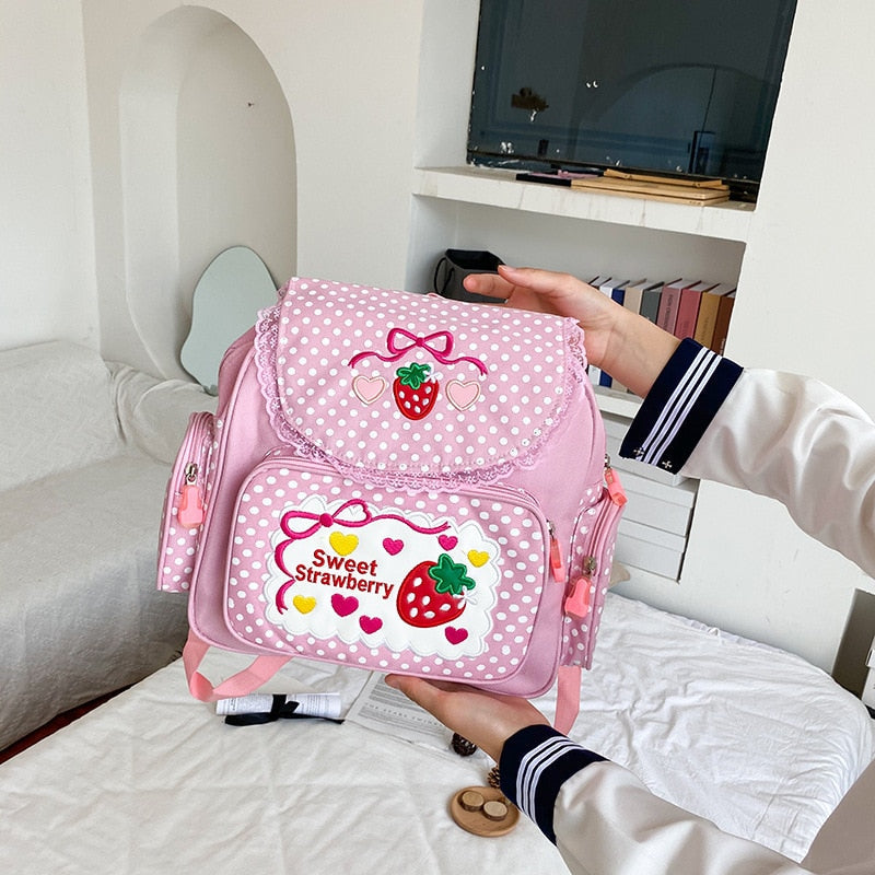 Pink Girl Embroidery Strawberry School Bag