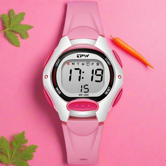 Multifunction Digital Girl's Watch With Pink Silicone Strap