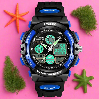 Boy's Dual Time Sport Waterproof Watch With Silicone Strap