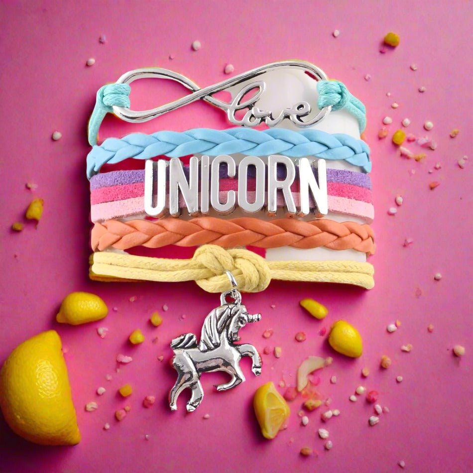 Girls Leather Infinity Love Unicorn Charm Bracelet