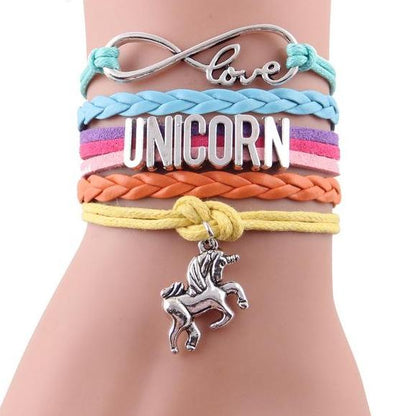 Girls Leather Infinity Love Unicorn Charm Bracelet