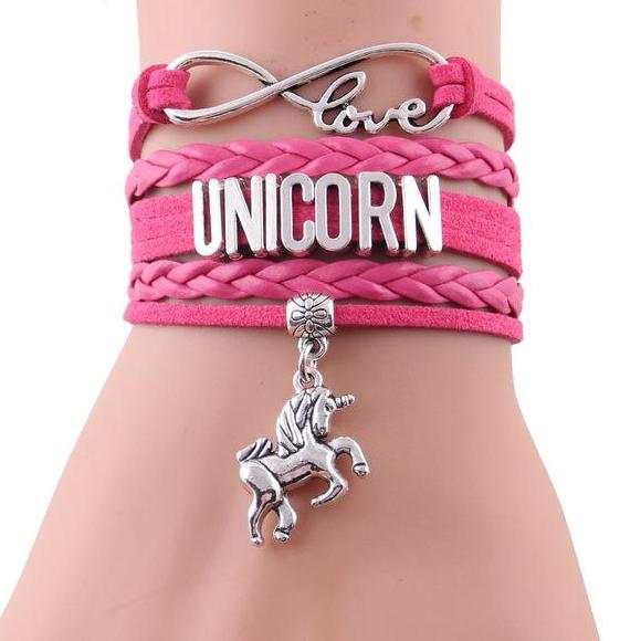 Girls Leather Infinity Love Unicorn Charm Bracelet