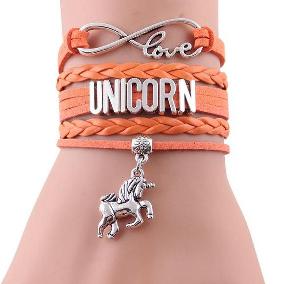Girls Leather Infinity Love Unicorn Charm Bracelet