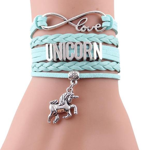 Girls Leather Infinity Love Unicorn Charm Bracelet