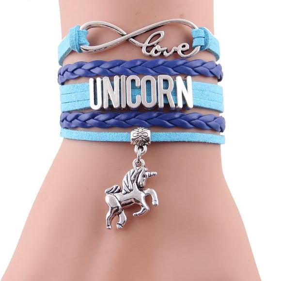 Girls Leather Infinity Love Unicorn Charm Bracelet