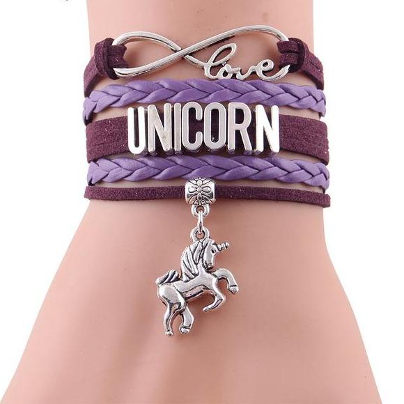 Girls Leather Infinity Love Unicorn Charm Bracelet