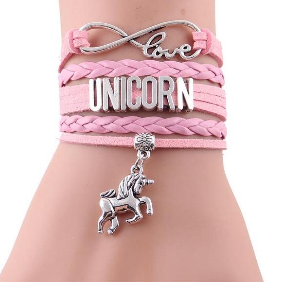 Girls Leather Infinity Love Unicorn Charm Bracelet