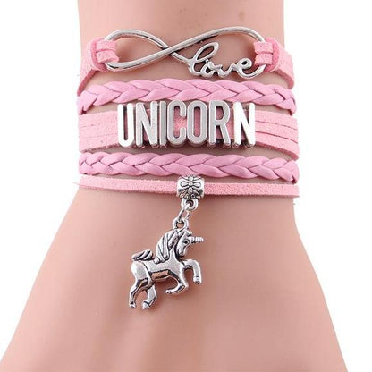 Girls Leather Infinity Love Unicorn Charm Bracelet