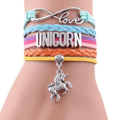 Girls Leather Infinity Love Unicorn Charm Bracelet