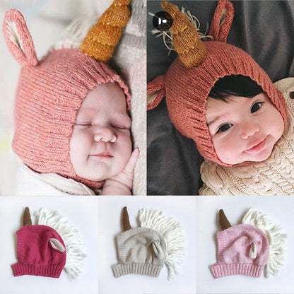 Baby / Toddler Knitted Wrap-Around Unicorn Winter Hat