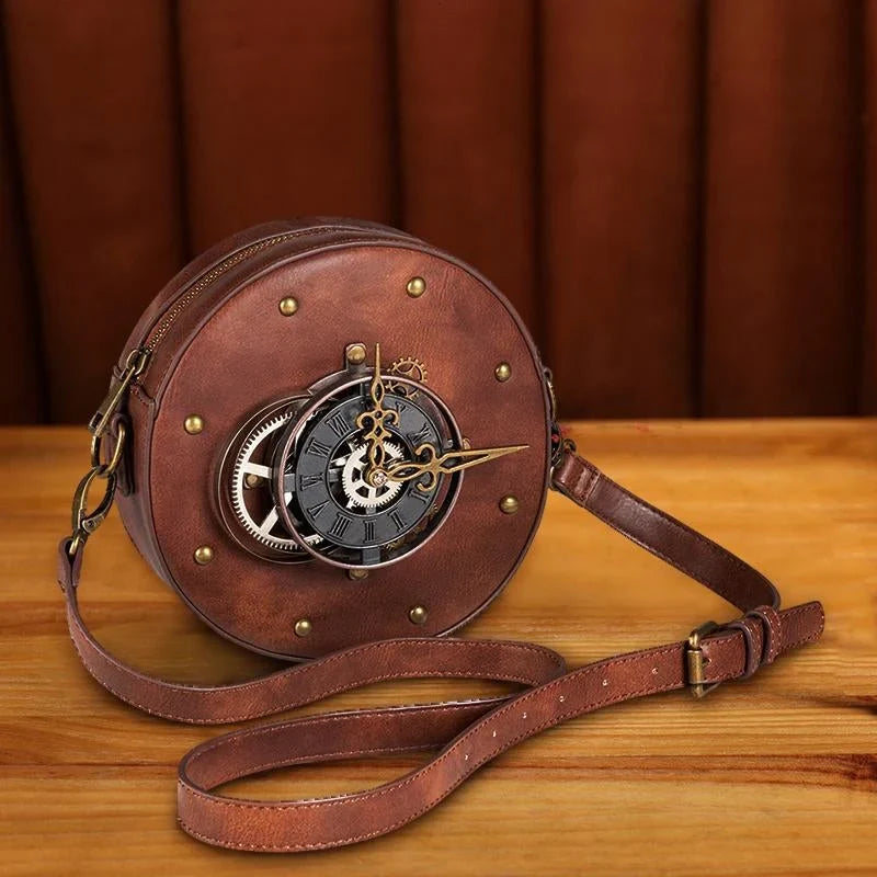Steampunk Leather Motorcycle Crossbody Bag Metal Clock Decor
