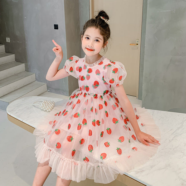 Puff Sleeves Pink Strawberry Dress