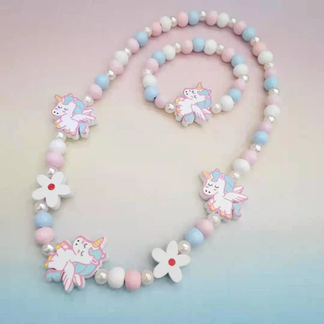 Colorful Wooden Unicorn and Rainbow Necklace 2pc