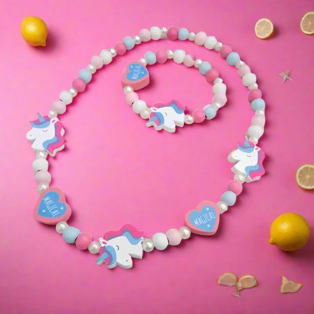 Colorful Wooden Unicorn and Rainbow Necklace 2pc