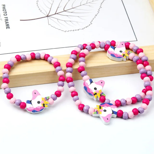 Colorful Wooden Unicorn and Rainbow Necklace 2pc